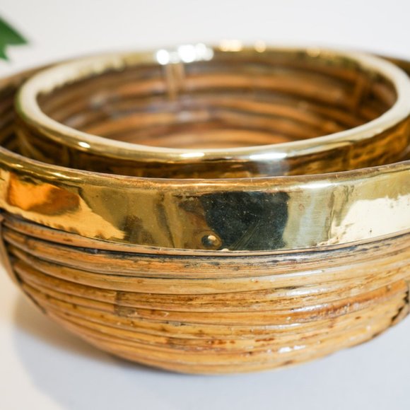 Pair of Rattan and Brass Italian Basket Bowls - in style of Gabriella Crespi - Picture 7 of 13